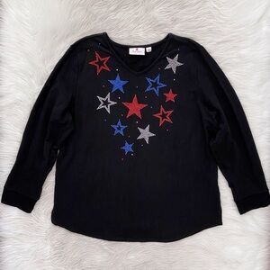 Quacker Factory 4th Of July American Red White and Blue Star Sparkle Shirt